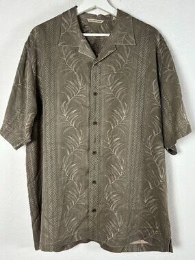 Tommy Bahama Men Silk Camp Shirt Large Tan Embroidered Panel Stripe Casual Aloha